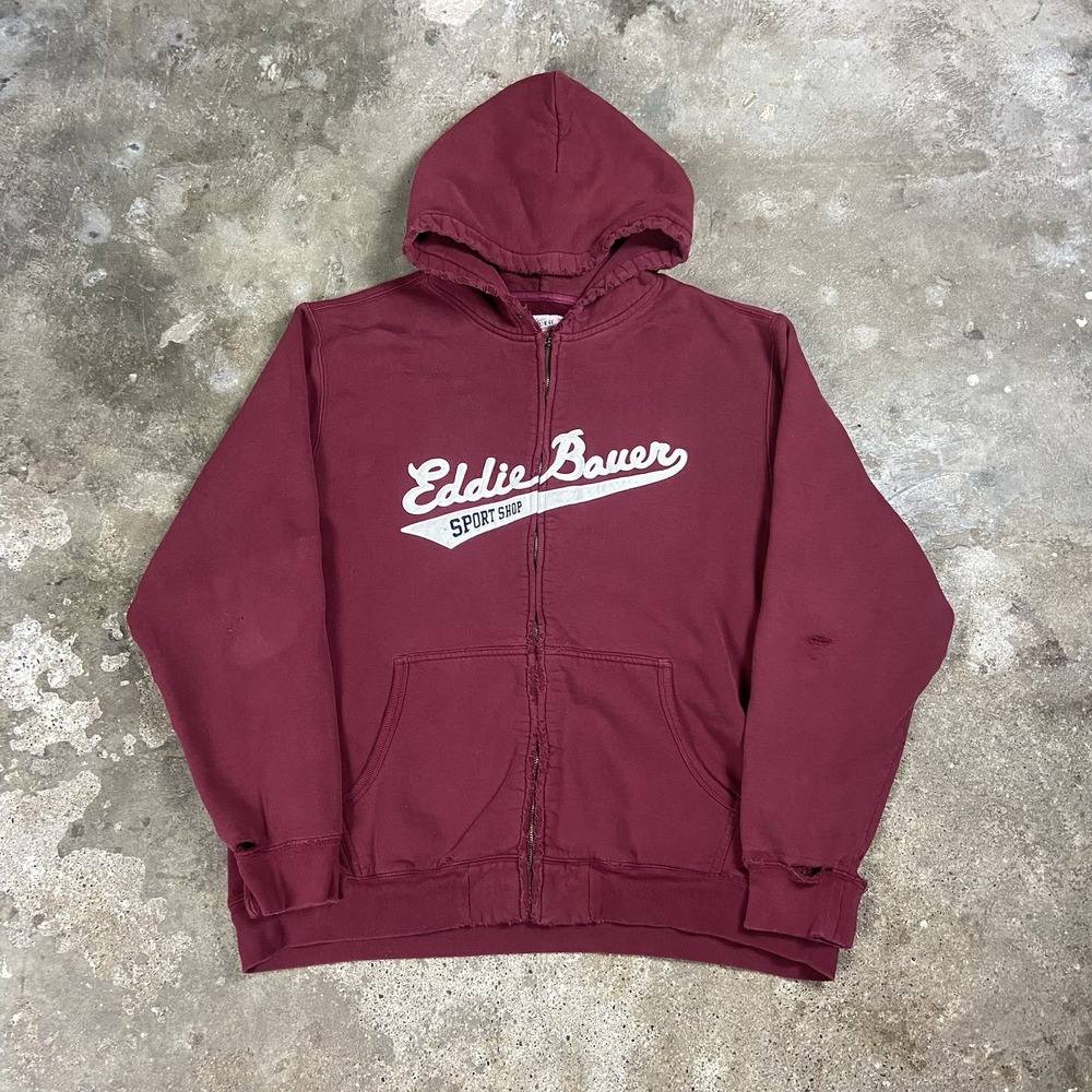 Vintage Y2K Eddie Bauer Sport Shop Medium Red Fleece Distressed Hoodie Pullover